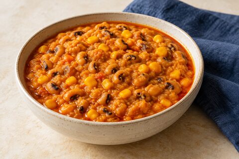 Creamy black-eyed pea and sweet corn pottage with a red palm-oil sheen