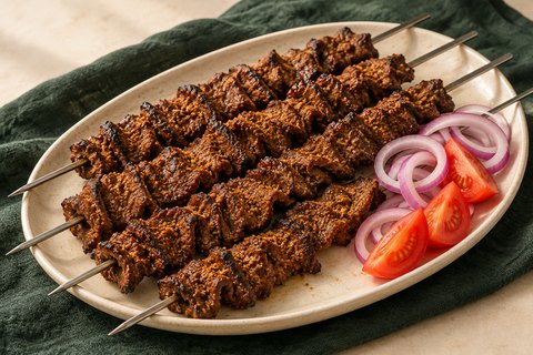 Thin peanut-spiced beef on metal skewers, with optional red onion and tomato