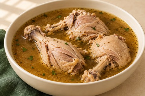 Skinless bone-in cooked chicken with visible meat fibers in light golden-brown broth and scattered herb flecks