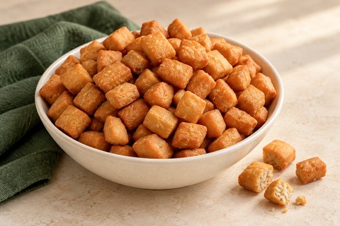 Small plain golden-brown chin-chin dough bites, with a broken piece showing a dense pale crumb