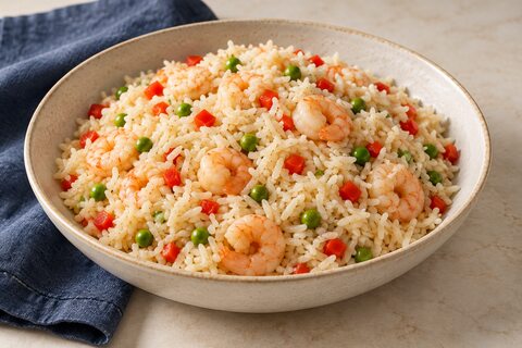 Coconut rice with red pepper, peas and cooked shrimp
