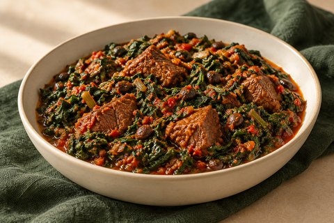 Dark green spinach stew with red pepper sauce, beef pieces and iru