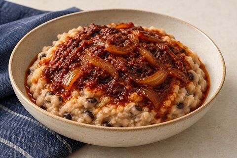 Soft mashed black-eyed peas topped with a dark red onion and pepper sauce