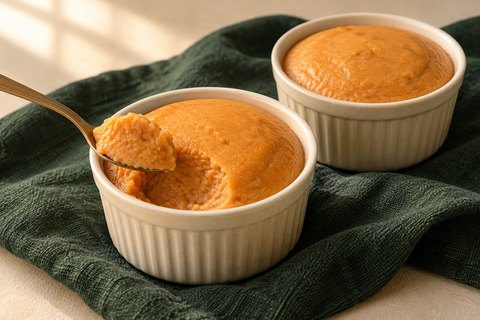 Orange-tan steamed bean pudding in ivory ramekins, with a spoonful showing its soft interior