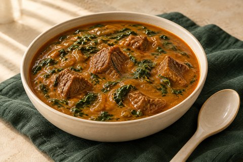 Glossy orange-brown ogbono soup with beef chunks and a little spinach